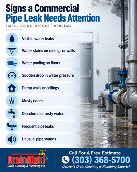 Graphic depicting signs a commercial space may be in need of pipe repair, like visible leaks, water pooling, and discolored water.