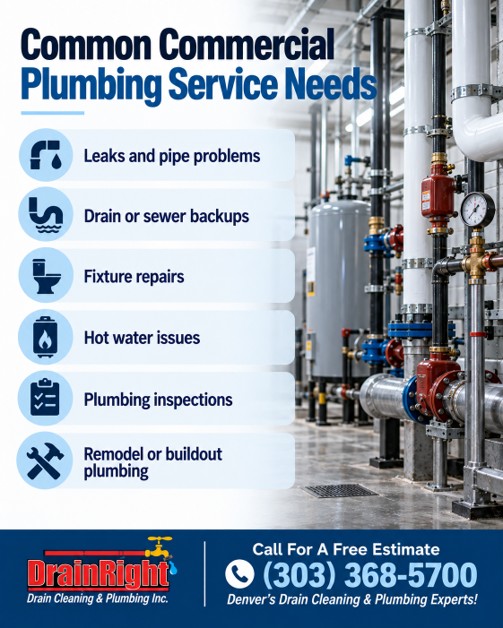 Graphic listing common commercial plumbing services, like ongoing repairs, inspections, and installations.