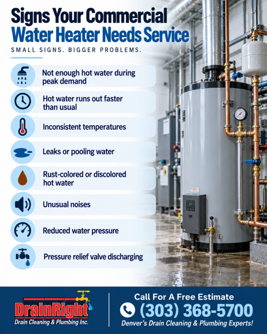 Graphic listing signs a commercial water heater may need servicing, like no hot water, leaks, pressure changes, and unusual noises.