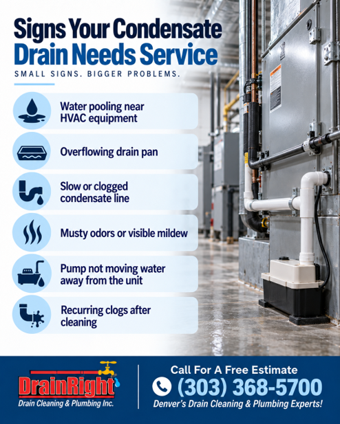Graphic depicting signs your condensate drain needs service, like water pooling near HVAC equipment, overflowing drain pans, and musty odors.