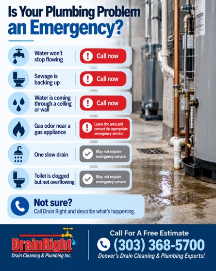 Chart helping you decide if an issue is a plumbing emergency or not. No water, sewage backups, and water flooding may require urgent attention.